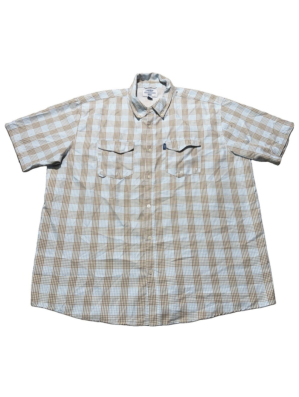 AFTCO Fishing Button Up Shirt Mens 2XL Blue Brown Check Short Sleeve Ventilated